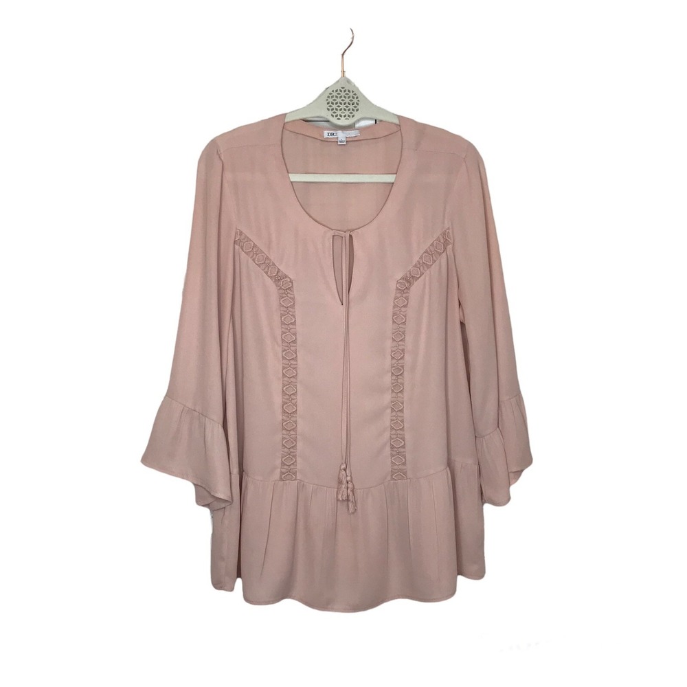 DR2 Daniel Rainn Sz L Pullover Top Tunic Belle Sleeve Blush Peplum Tassel Tie